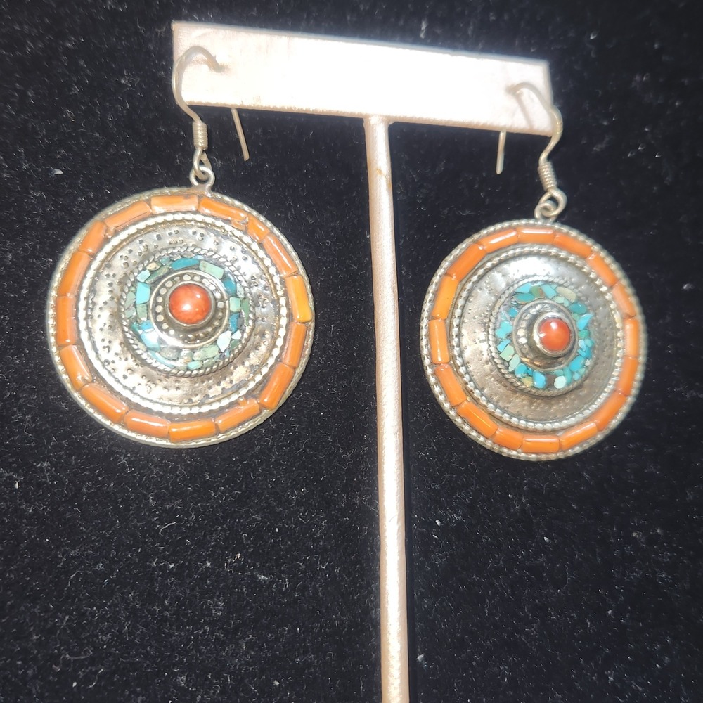 Vintage Tibetan Silver Turquoise Coral Inlay Medallion Drop Earrings Boho
